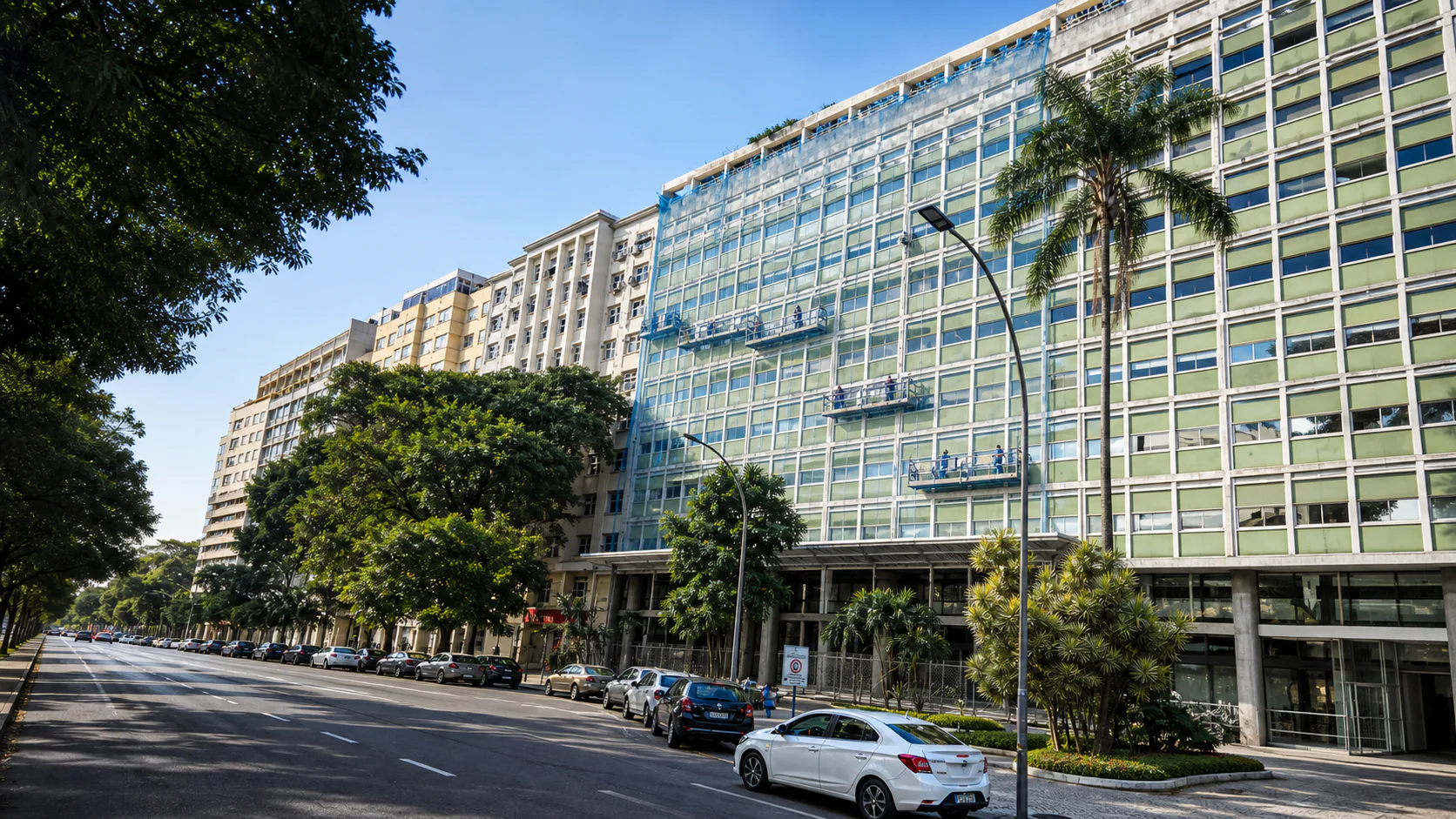 Edificação com intervenção em fachada, plataforma de trabalho e proteção da área.