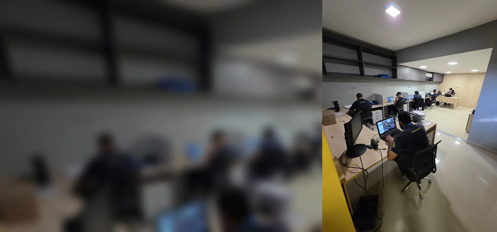 Equipe em intervenção na fachada, com proteção da área de trabalho.
